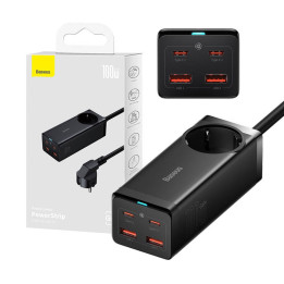 Baseus GaN3 Pro sienas lādētājs / barošanas bloks 2xUSB + 2xUSB-C + maiņstrāva, 100W (melns)