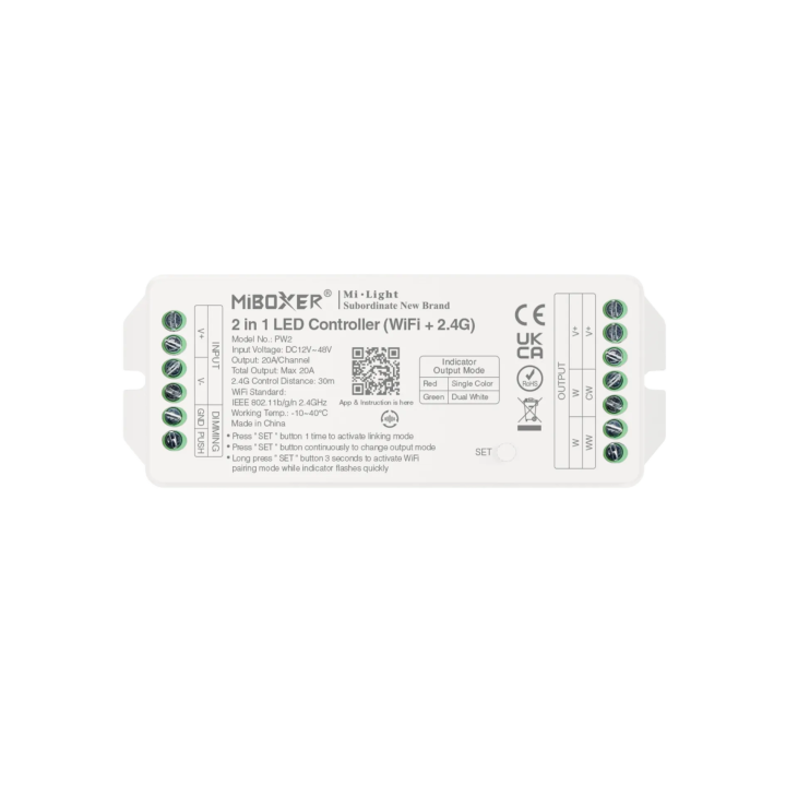 2-in-1 MONO/CCT valdiklis 12–48V 20A WiFi + 2.4G PW2