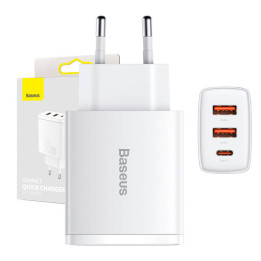 „Baseus“ kompaktiškas greitas įkroviklis, 2xUSB, USB-C, PD, 3A, 30 W (balta)