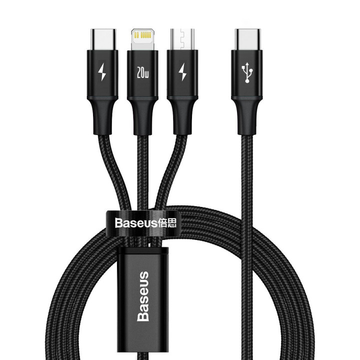 Кабель Baseus Rapid Series 3-в-1 USB-C для M+L+T 20 Вт 1,5 м Черный