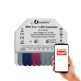 MINI 5 vienā kontrolieris RGB CCT LED sloksnēm, WIFI tuvinātājs TUYA