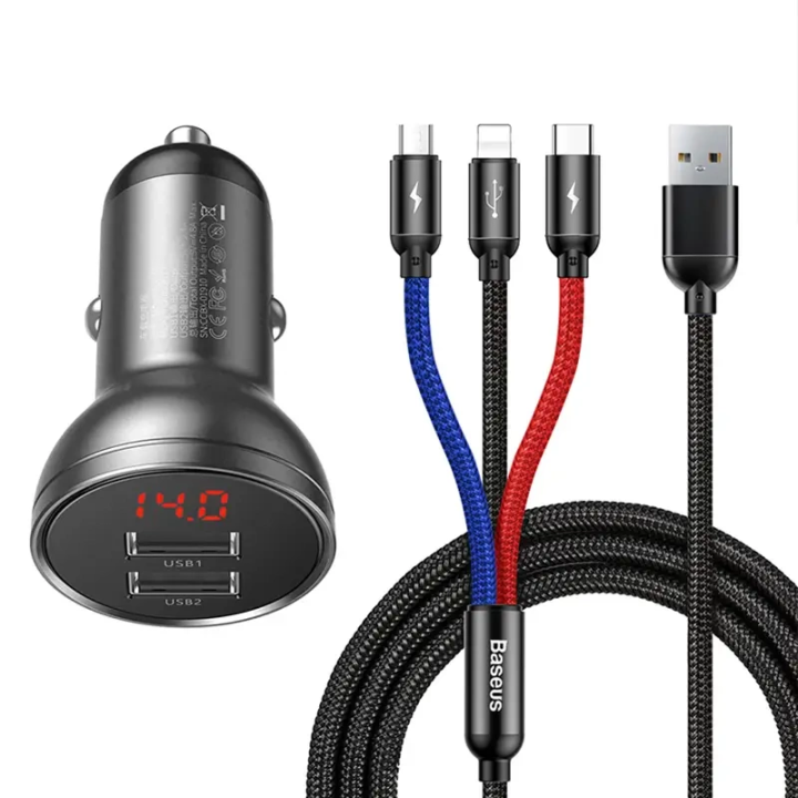 Baseus autolaadija ekraaniga 24W + USB kaabel 3in1 Baseus kolm põhivärvi 1,2m
