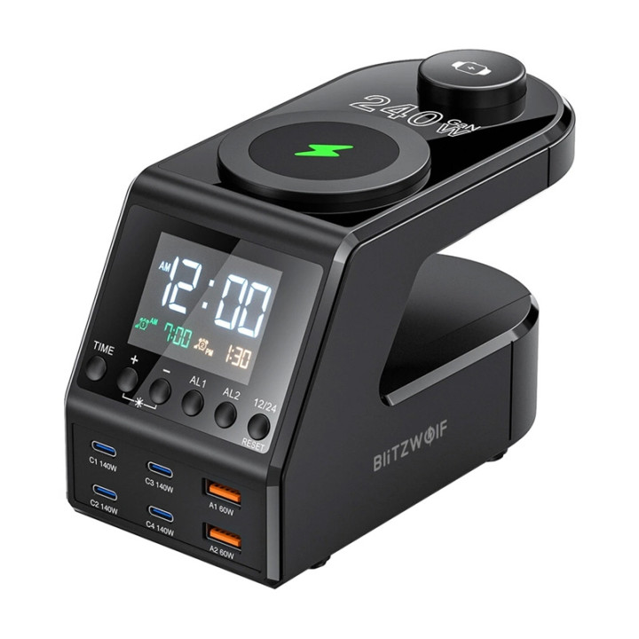 Blitzwolf BW-FW10 herätyskello laturilla 2xUSB-A, 4xUSB-C, 240W