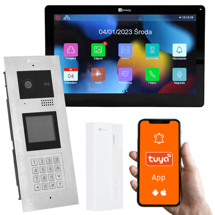 Genway KIT-F-M91-A01-2W-C daugiabučio vaizdo domofono rinkinys su kodu, kortele, raktų pakabu, Tuya išmaniojo telefono integraci