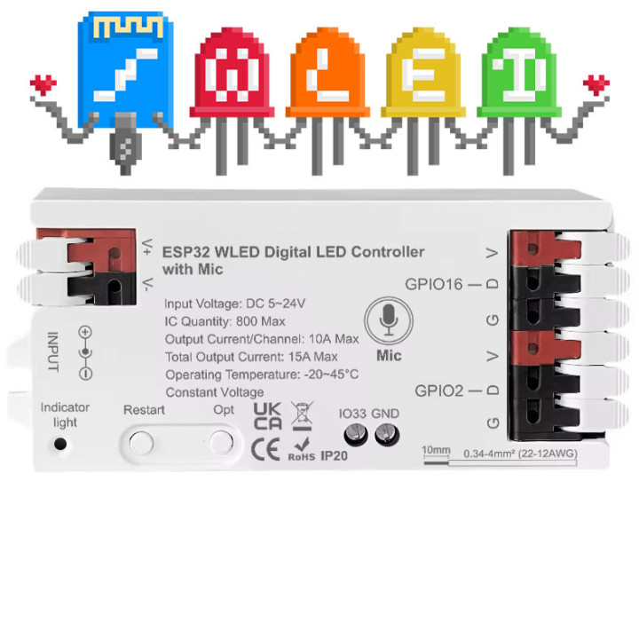 Kontroler LED RGBCCT 10A ESP32 mikrofoni WLED