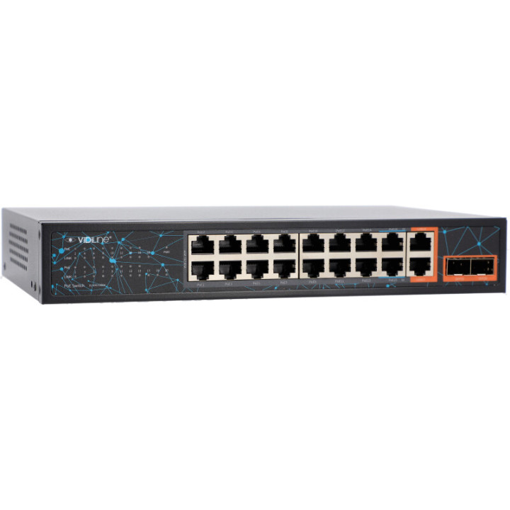 VidiLine VIDI-F1622GBL 16-pordiline PoE lüliti 2x RJ45 üleslingiga ja 2x SFP, 240W