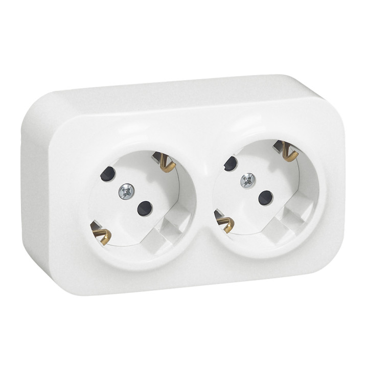 Forix double socket, schuko, 16A, prewiered, surface mounted, white