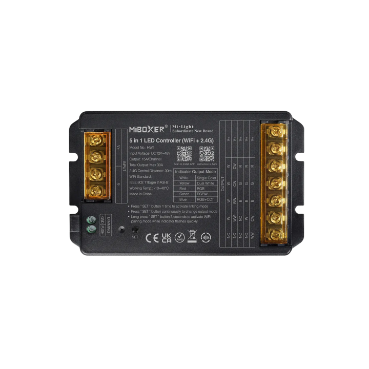 Контроллер 5в1 RGB+CCT 12-48В 30А WiFi+Bluetooth+2.4G HW5