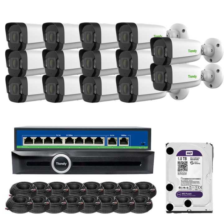 Tiandy FULL-COLOR-14X IP stebėjimo rinkinys su 14 kulkų kameromis 4MP spalvų kūrėjas