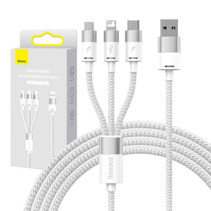 3in1 USB-kaapeli Baseus StarSpeed ​​Series, USB-C + Micro + Lightning 3,5A, 1,2m (valkoinen)
