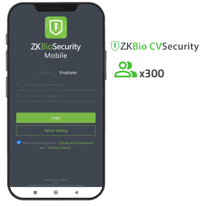 ZKTECO ZK-SOF-BIOCV-MBAPP-300EMP Biometrinen kulunvalvontapääte, jossa on sormenjälki, kasvot, RFID, PIN-koodi ja mobiilisovellu