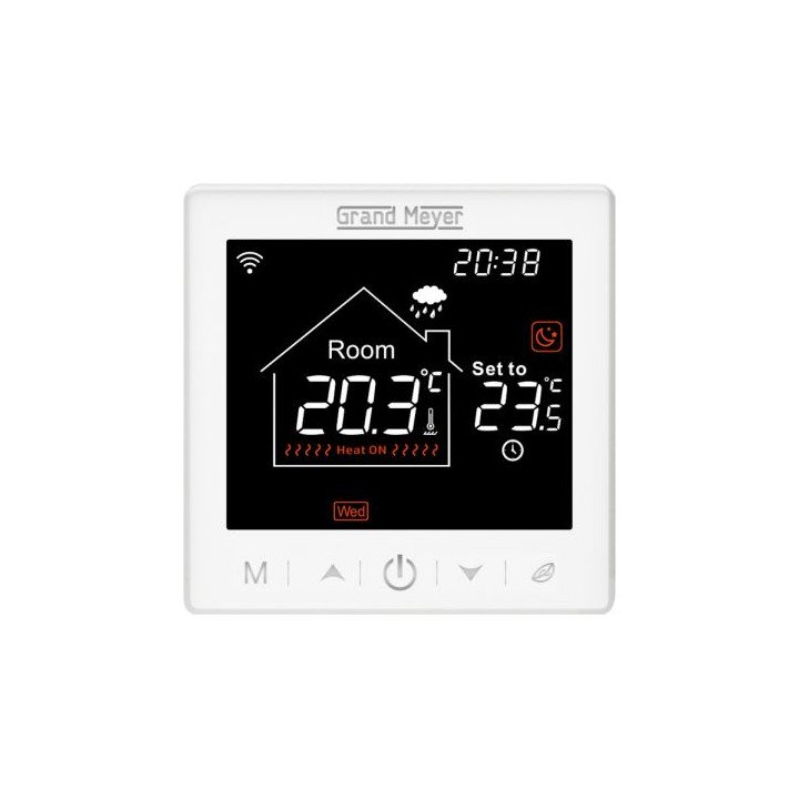 Programmējams termoregulators ar Wi-Fi tālvadības piekļuvi grīdas apsildes vadībai, 3600 W, 16 A, 230 V, IP20, balts