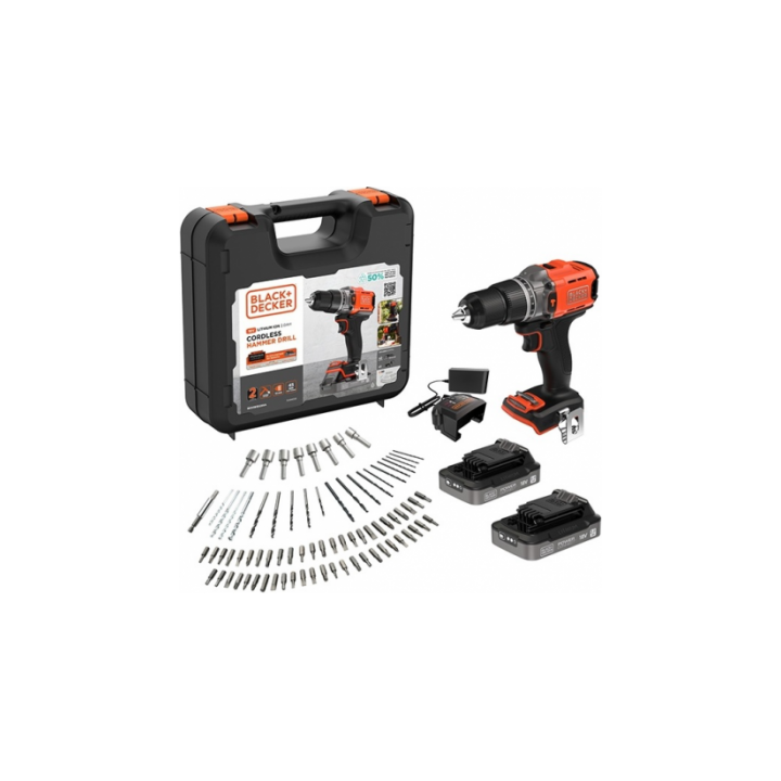 BLACK & DECKER 18 V smūginis gręžtuvas (2 x 2,0 Ah baterijos, 1 A įkroviklis, 80 priedų) BCD383D2XKA-QW