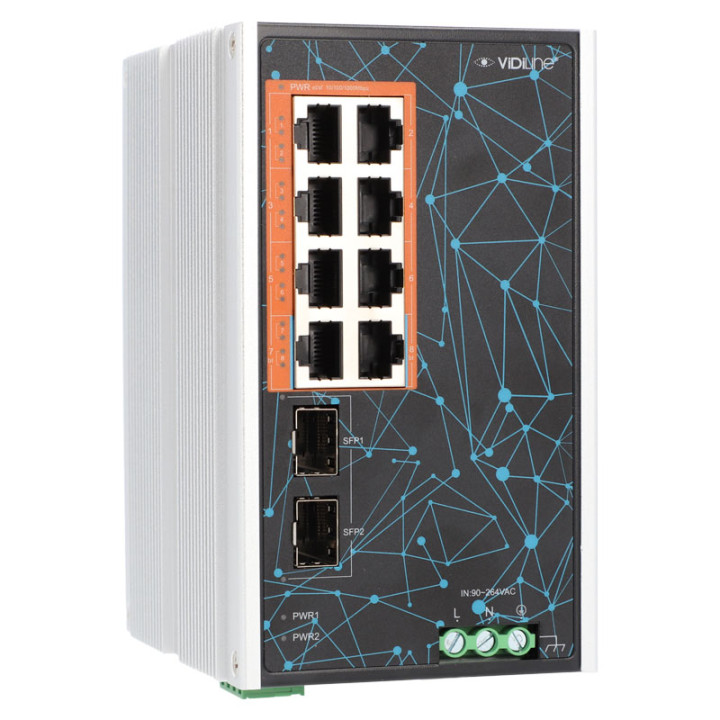 VidiLine VIDI-DG0802G 8-porttinen PoE-kytkin 1 Gbps DIN-kisko 2x SFP