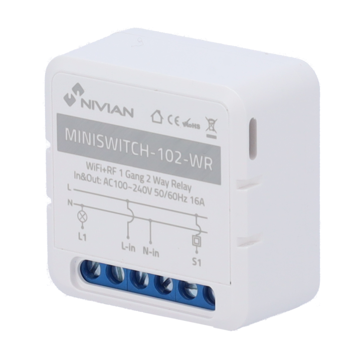 NIVIAN RETAIL NVS-MINISWITCH-102-WR Smart Wi-Fi Relay Module 1-Channel 10A 230V White