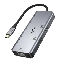 Hub 9in1 RayCue USB-C kuni 2x USB-A 3.0 5Gbps + 2x SD/TF 3.0 + 2x HDMI 4K30Hz + VGA 1080p + pesa 3,5mm + PD 3.0 100W (hall)