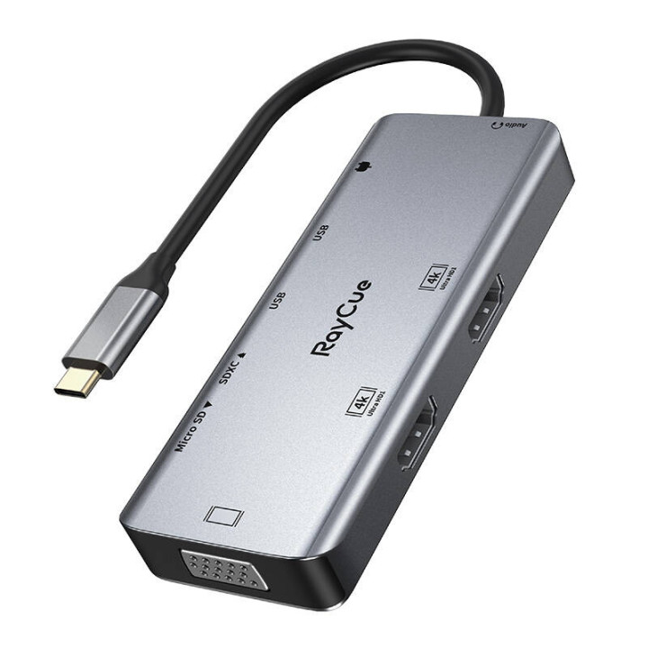 Hub 9in1 RayCue USB-C kuni 2x USB-A 3.0 5Gbps + 2x SD/TF 3.0 + 2x HDMI 4K30Hz + VGA 1080p + pesa 3,5mm + PD 3.0 100W (hall)