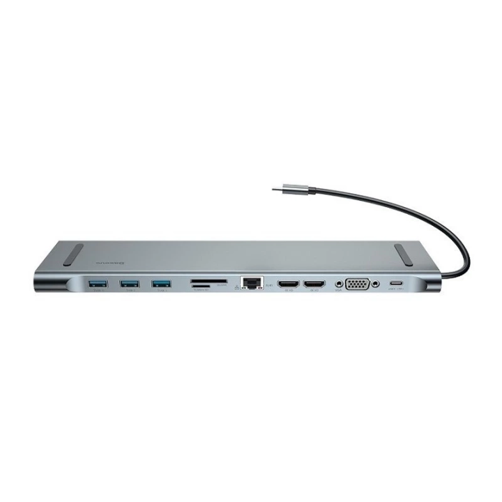 „Baseus Enjoyment“ serijos daugiafunkcis C tipo išmanusis HD HUB (PD/HD4K*2/VGA/RJ45/SD/TF/USB*3/Audio*1/Stovas) Tamsiai pilka