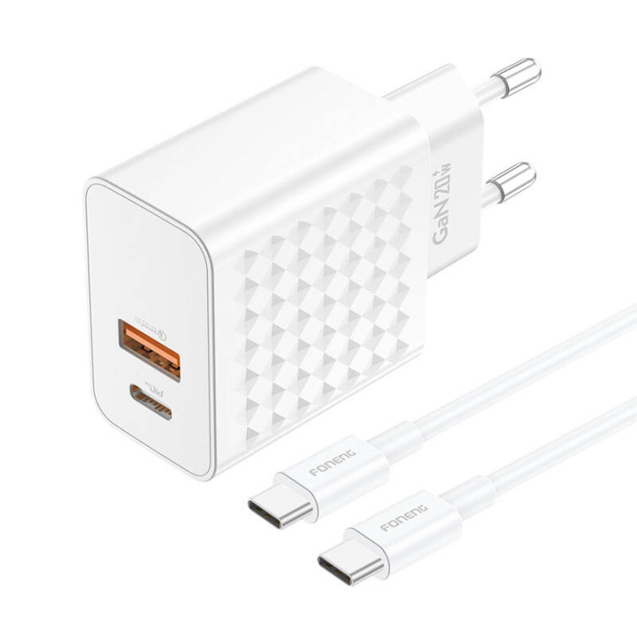 Foneng EU42 USB-C+USB-A 20W toitelaadija + USB-C - USB-C kaabel (valge)