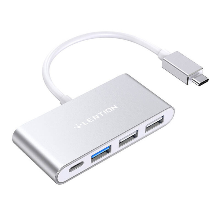 Lention 4in1 Hub USB-C prie USB 3.0 + 2x USB 2.0 + USB-C (sidabro spalvos)