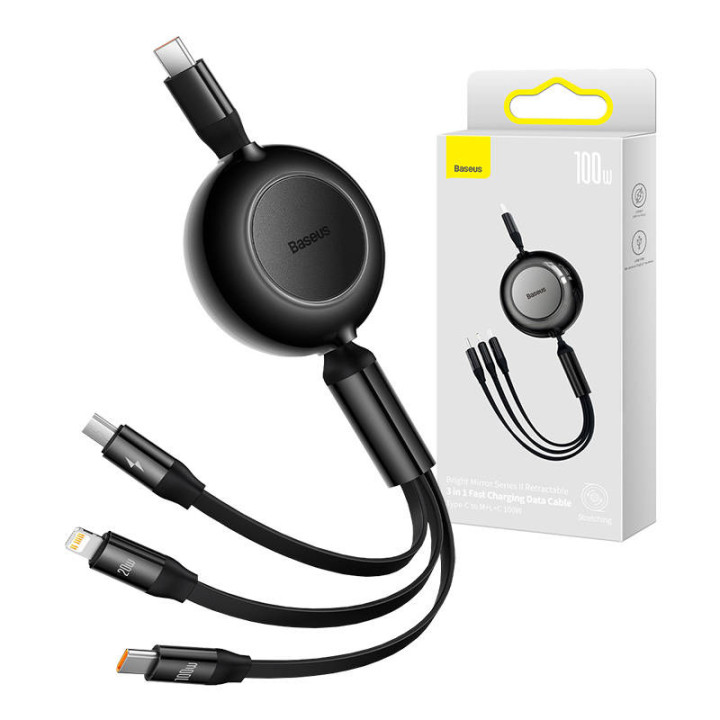 Baseus Bright Mirror 4, USB-C trīs vienā kabelis mikro USB / USB-C / Lightning 100 W / 3,5 A 1,1 m (melns)