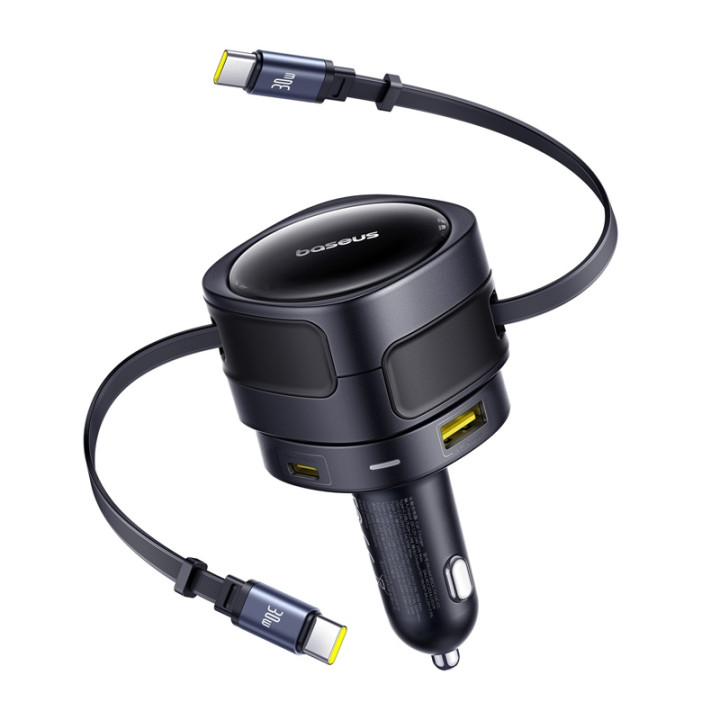 Baseus Enjoyment Max automašīnas lādētājs ar USB-C+USB-C kabeļiem un USB-A+USB-C pieslēgvietām 90 W melns