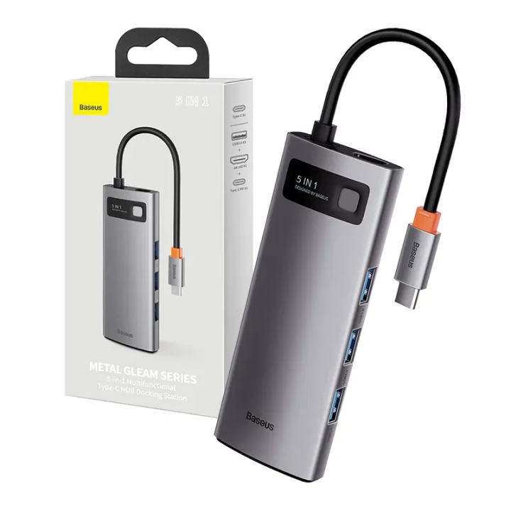 Hub 5in1 Baseus Metal Gleam Series, USB-C kuni 3x USB 3.0 + HDMI + USB-C PD