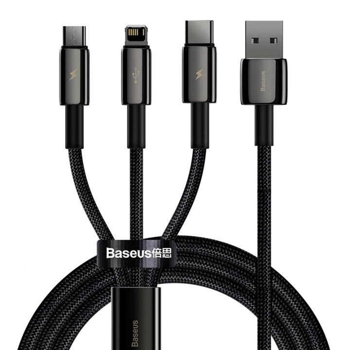 Baseus Tungsten Gold 3w1 USB tai mikro-USB / USB-C / Lightning, 3,5 A, 1,5 m (kirkko)