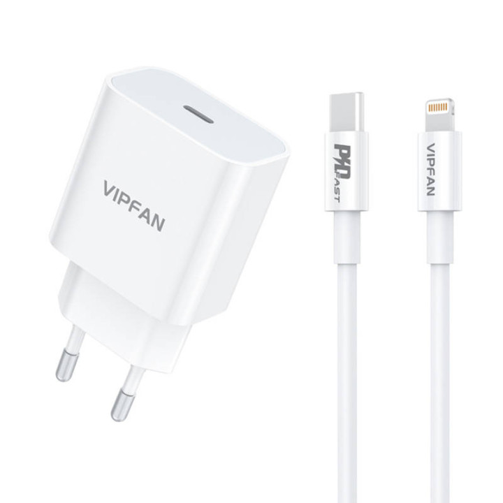Зарядное устройство VFAN E04, USB-C, 20 Вт, QC 3.0 + кабель Lightning (белый)