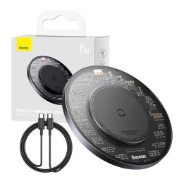 Bezvadu Qi induktīvā lādētājs Baseus Simple 2, 15 W ar USB-C uz USB-C kabeli (melns)