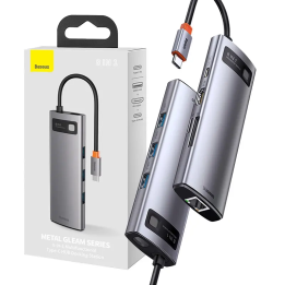Hub 8in1 Baseus Metal Gleam Series, USB-C līdz 3x USB 3.0 + HDMI + USB-C PD + Ethernet RJ45 + microSD/SD