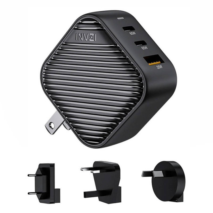 INVZI GanHub 2x USB-C + USB sienas lādētājs, 65 W, ES/AK/AU/ASV (melns)