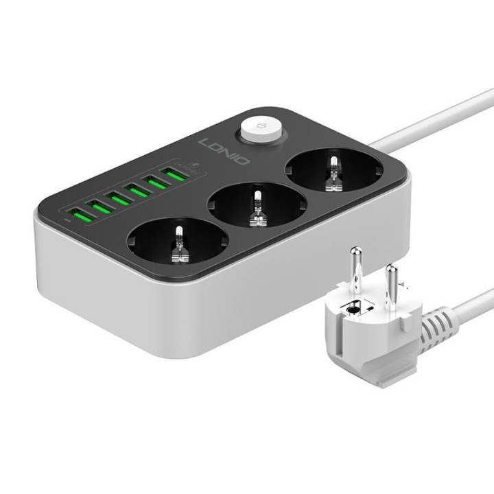 Strāvas sloksne ar 3 maiņstrāvas rozetēm, 6x USB, LDNIO SE3631, 1,6 m (melns)