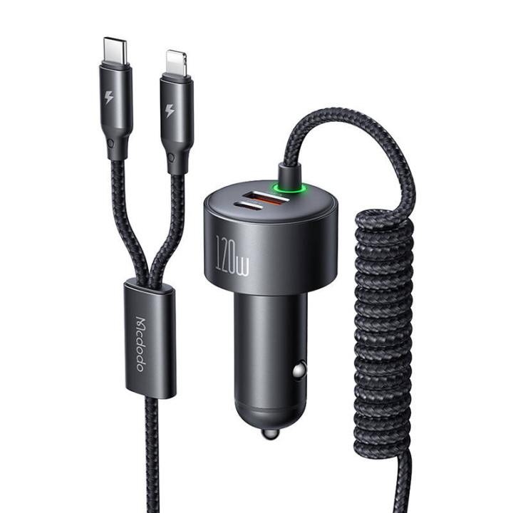 Mcdodo CC-0370 autolaadija, USB-C, Lightning, 120W, sissetõmmatavad kaablid