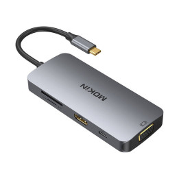 MOKiN 8in1 USB-C adapteris 3x USB 3.0 + HDMI + USB-C + VGA + SD karšu lasītājs + Micro SD karšu lasītājs (sudraba krāsa)