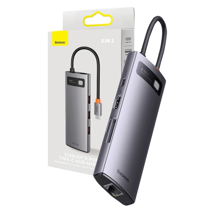 Hub 8in1 Baseus StarJoy Series, USB-C līdz 3x USB 3.1 + HDMI + USB-C PD + RJ45 + microSD/SD