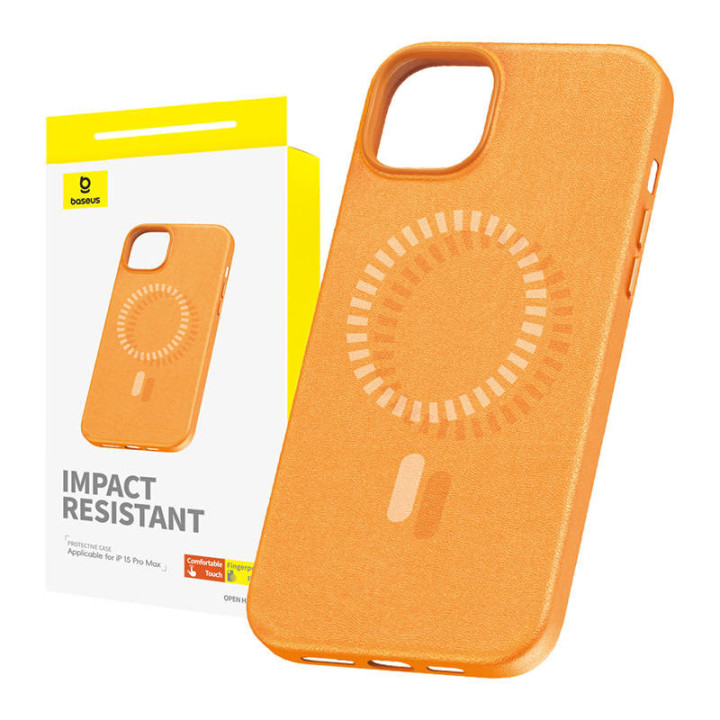 Magnētiskais tālruņa korpuss iPhone 15 ProMax Baseus Fauxther Series (oranžs)