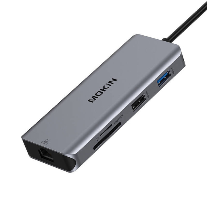 MOKiN 9in1 klēpjdatora dokstacija USB C līdz 2x USB 3.0 + USB 2.0 + 2x HDMI + SD/TF + RJ45 + PD (sudrabs)