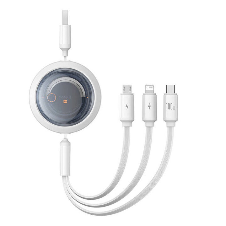 Trīs vienā Baseus Free2Draw USB uz M+L+C 100 W kabelis, 1,1 m (balts)