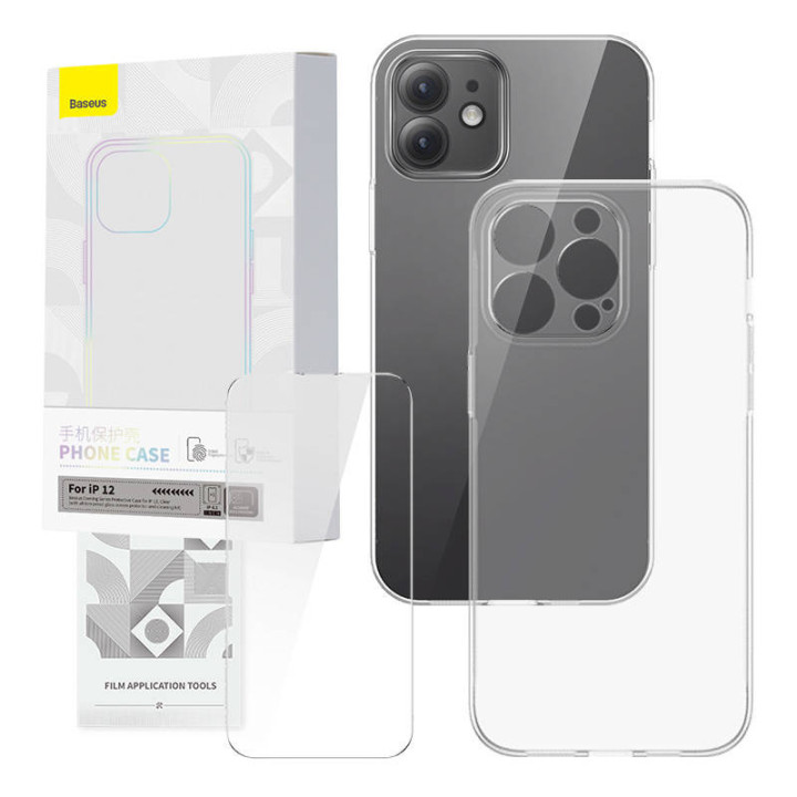 Permatomo dėklo ir grūdinto stiklo rinkinys „Baseus Corning“, skirtas „iPhone 12“.
