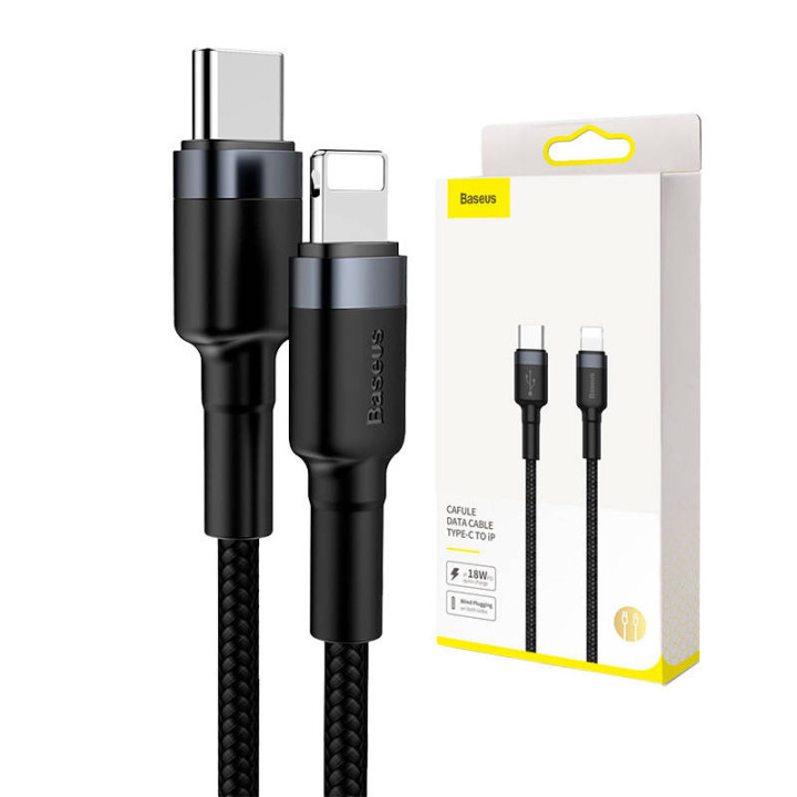 Кабель Baseus Cafule Type-C — iP PD 18 Вт, 1 м, серый+черный