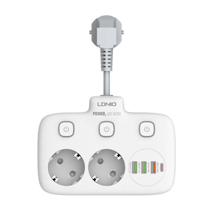 Strāvas sloksne ar 2 maiņstrāvas rozetēm, 3x USB, USB-C, LDNIO SE2435, 2500W (balts)