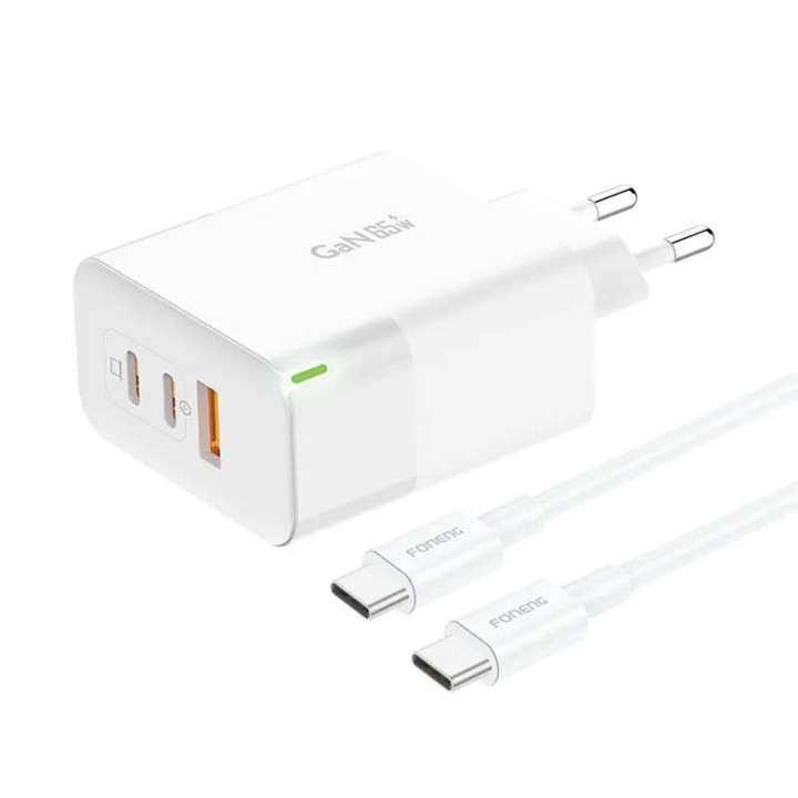 Įkroviklis Foneng GAN65 USB-A, 2x USB-C GaN 65W su USB-C laidu