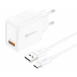 Foneng EU54 18 Вт USB-A, сетевое зарядное устройство 3 А (белое) + кабель USB-A — USB-C