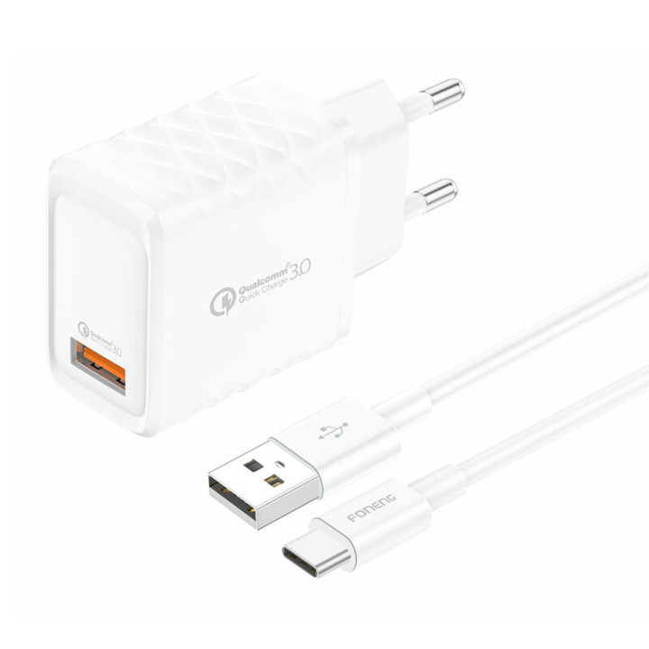 Foneng EU54 18W USB-A, 3A verkkolaturi (valkoinen) + USB-A-USB-C-kaapeli