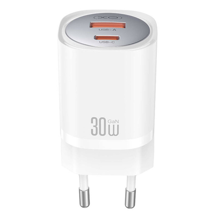 Seinalaadija XO CE21, 30W, GaN, 1x USB-C, 1x USB-A