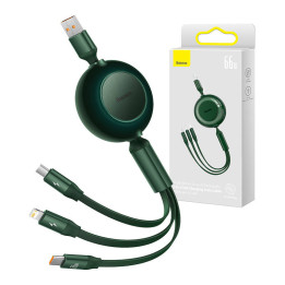 „Baseus Bright Mirror 3“, USB „trys viename“ laidas, skirtas mikro USB / USB-C / „Lightning“ 66 W / 2A 1,1 m (žalia)
