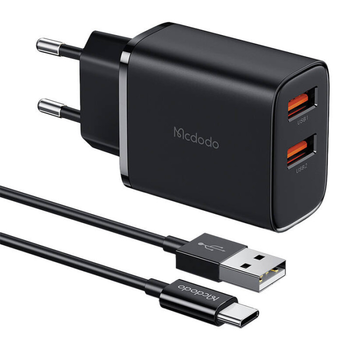 Mcdodo CH-5072 USB-A*2, зарядное устройство мощностью 12 Вт + кабель USB-A — USB-C (черный)