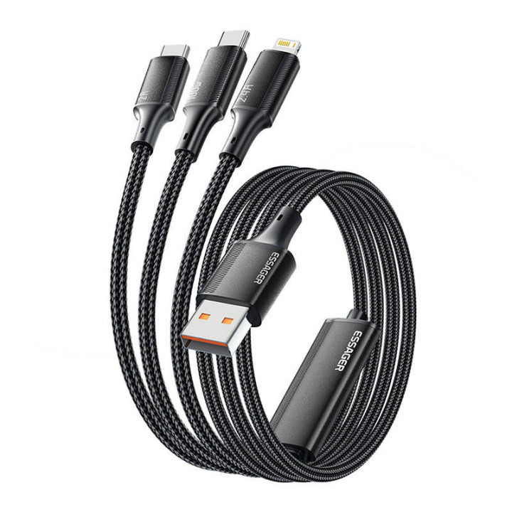 USB-A 3in1 kabelis, Essager, EXCMTL-JJ01-P, USB-C/Lightning/Micro, 100 W, 1,2 m (melns)