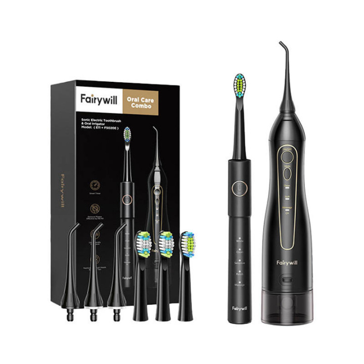 Sonic zobu birste ar uzgaļu komplektu un ūdens fosser FairyWill FW-5020E + FW-E11 (melna)